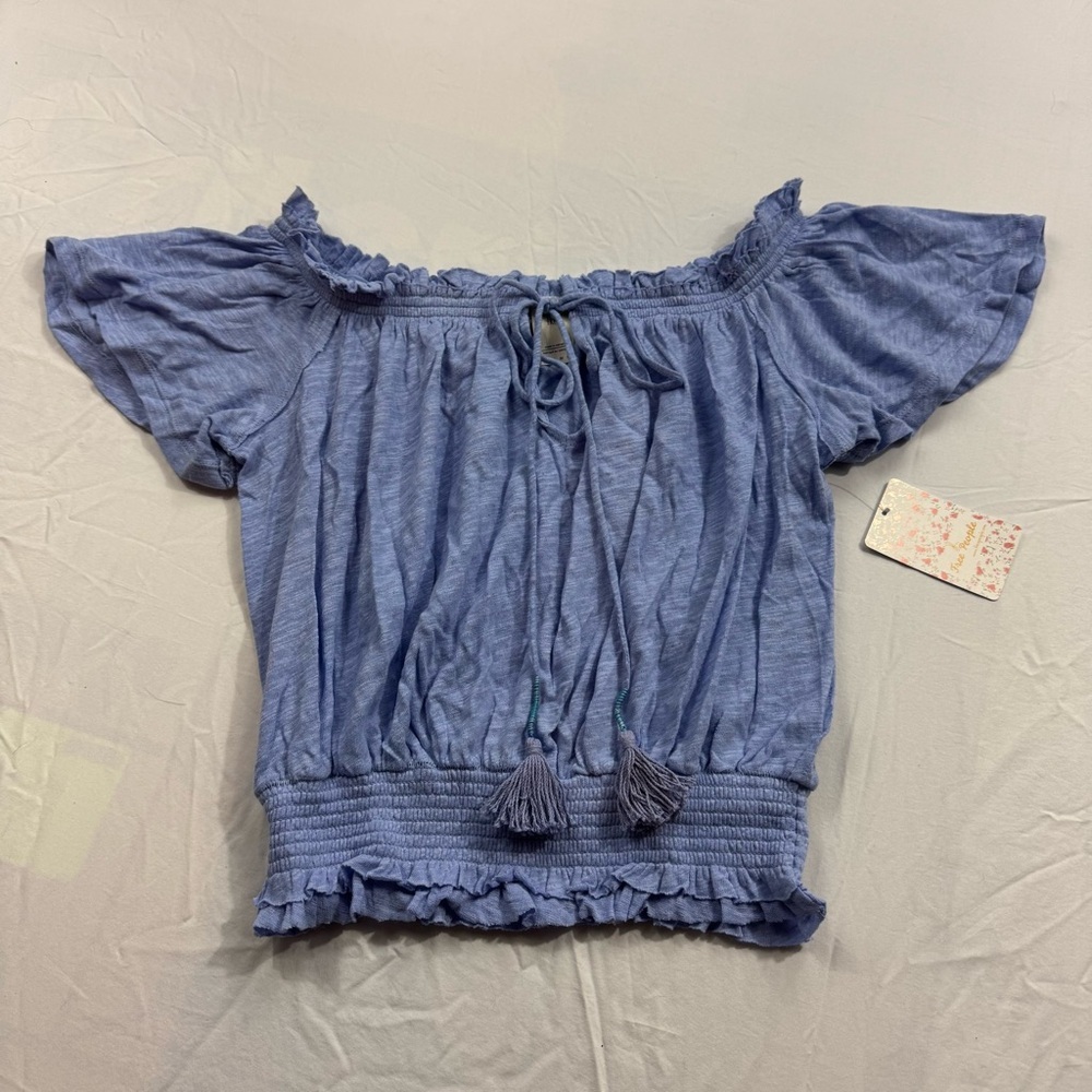 195. NWT Free People Blue Flutter Sleeve Blouse with Ruffled Tie Front (XS)